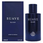 Navy blue parfumfles en doos van Fragrance World Suave Elixir Extrait de Parfum